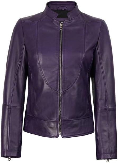imageDecrum Womens Leather Jacket Real Lambskin Cafe Racer Style Leather Jackets for WomenAmy Purple Leather Jacket Women