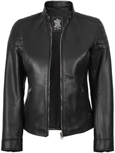 imageDecrum Womens Leather Jacket Real Lambskin Cafe Racer Style Leather Jackets for WomenCarrie Black Leather Jacket Women