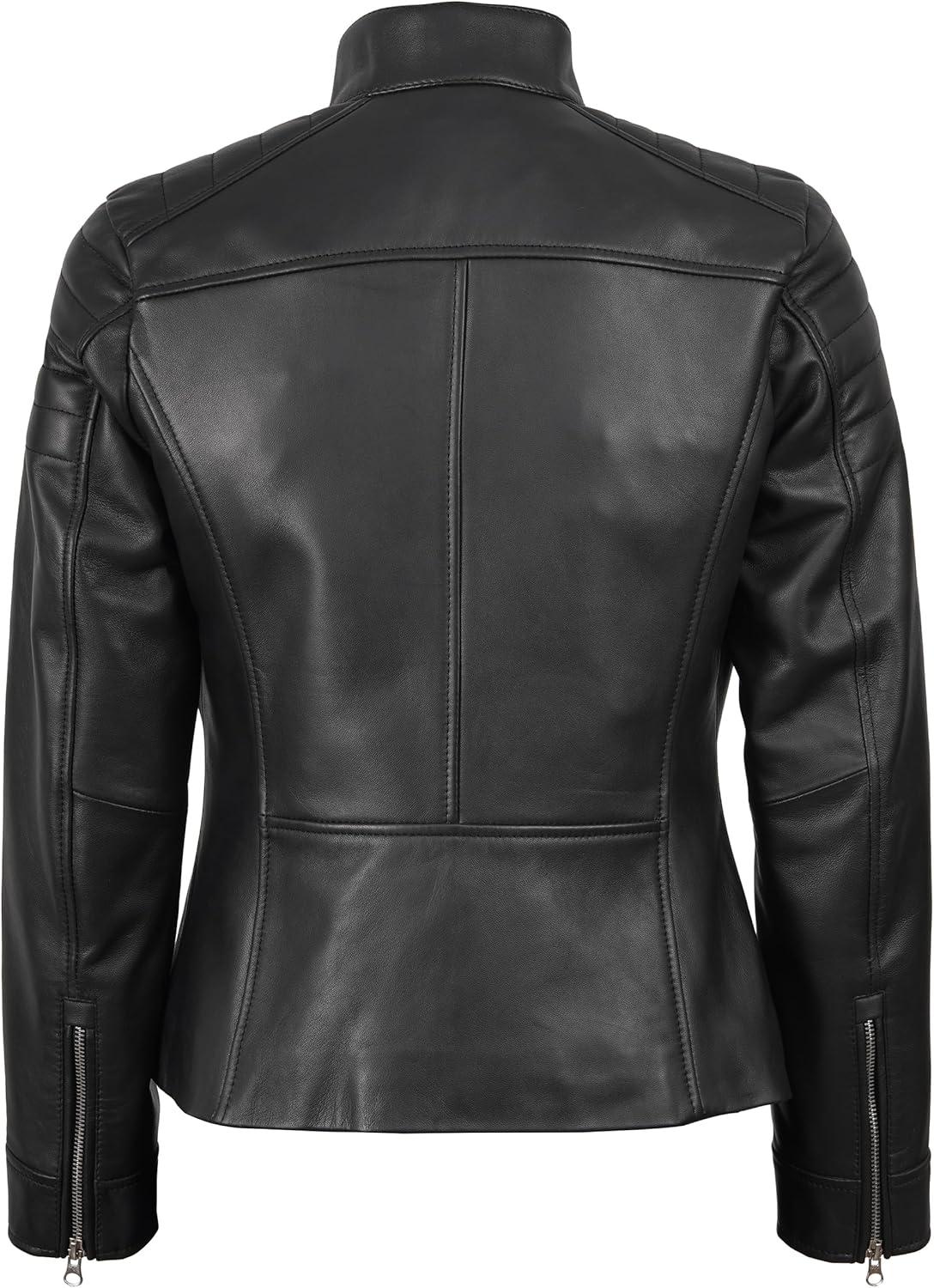 imageDecrum Womens Leather Jacket Real Lambskin Cafe Racer Style Leather Jackets for WomenCarrie Black Leather Jacket Women