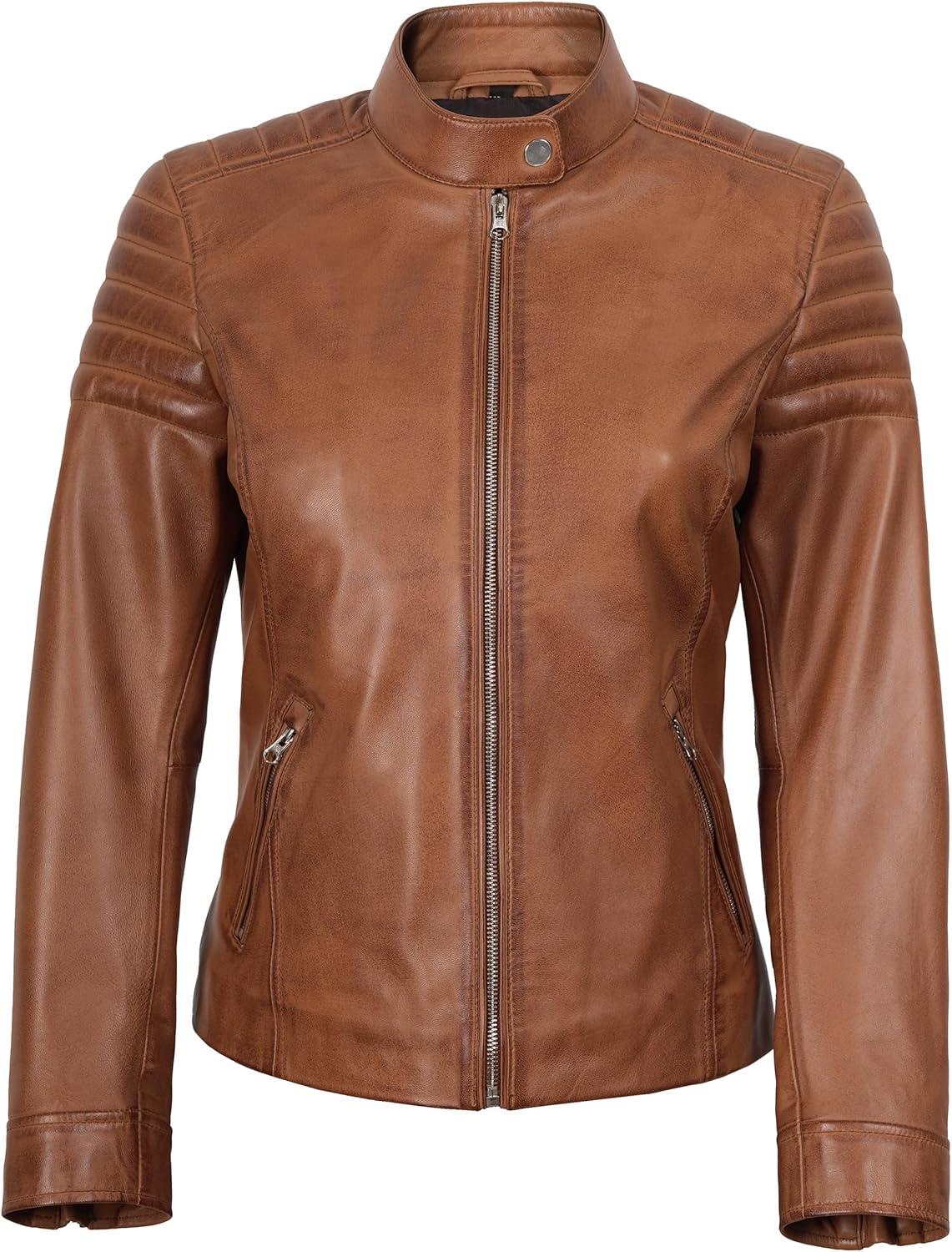 imageDecrum Womens Leather Jacket Real Lambskin Cafe Racer Style Leather Jackets for WomenCarrie Brown Leather Jacket Women