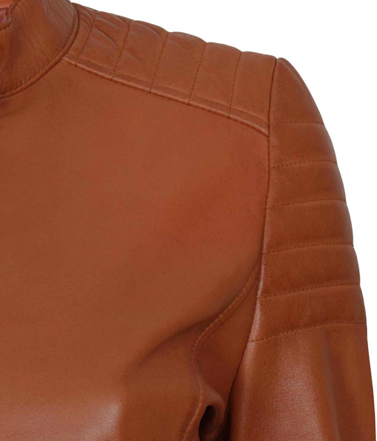 imageDecrum Womens Leather Jacket Real Lambskin Cafe Racer Style Leather Jackets for WomenCarrie Brown Leather Jacket Women