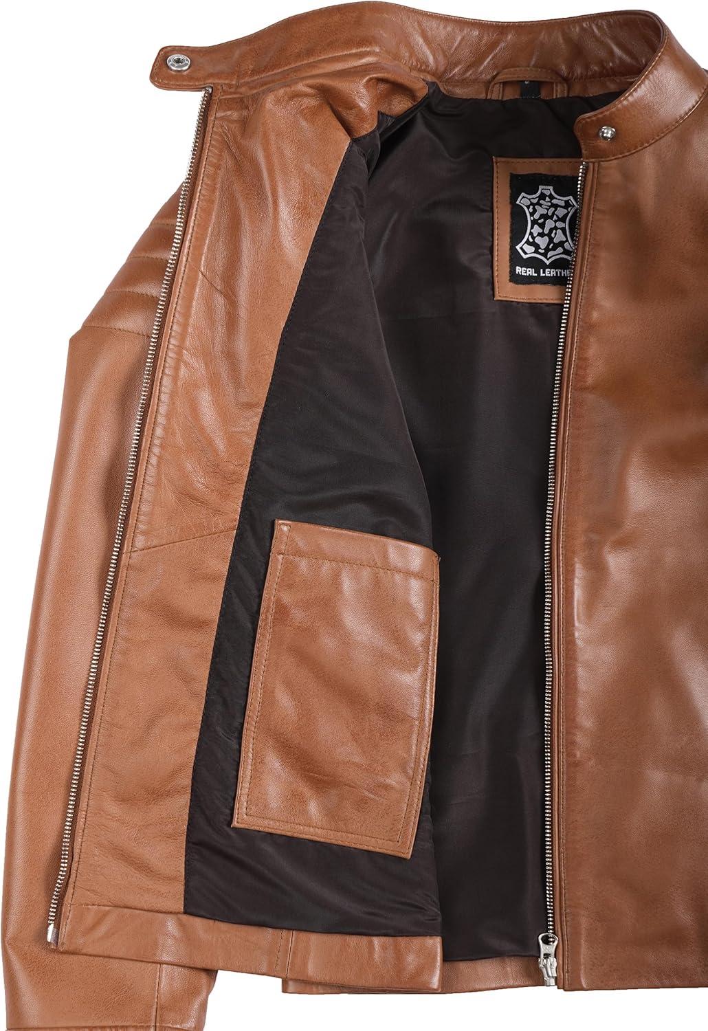 imageDecrum Womens Leather Jacket Real Lambskin Cafe Racer Style Leather Jackets for WomenCarrie Brown Leather Jacket Women