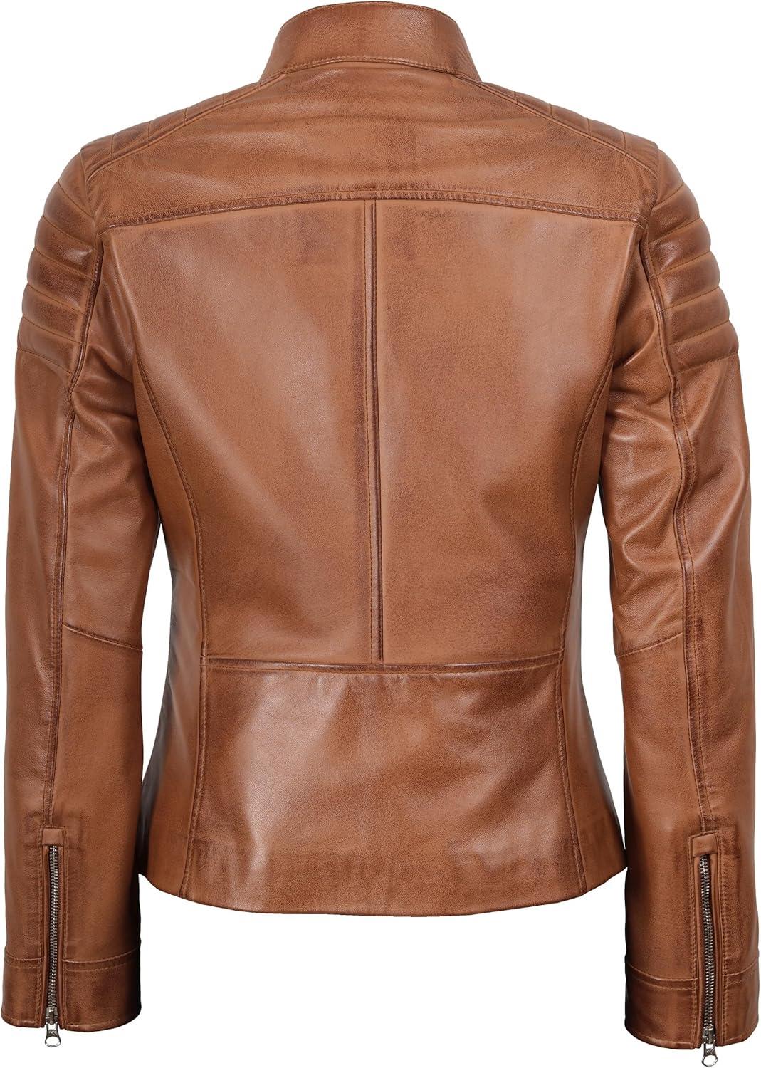 imageDecrum Womens Leather Jacket Real Lambskin Cafe Racer Style Leather Jackets for WomenCarrie Brown Leather Jacket Women