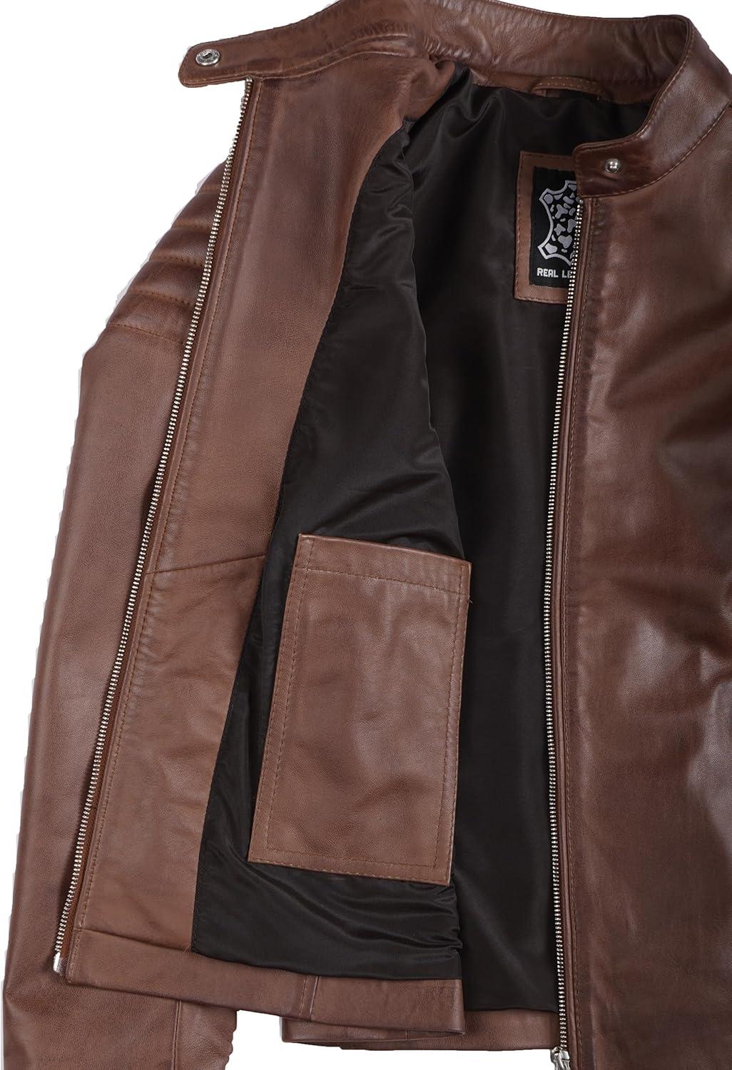 imageDecrum Womens Leather Jacket Real Lambskin Cafe Racer Style Leather Jackets for WomenCarrie Cognac Leather Jacket Women