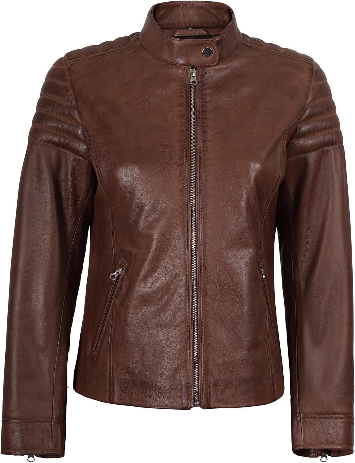 imageDecrum Womens Leather Jacket Real Lambskin Cafe Racer Style Leather Jackets for WomenCarrie Cognac Leather Jacket Women