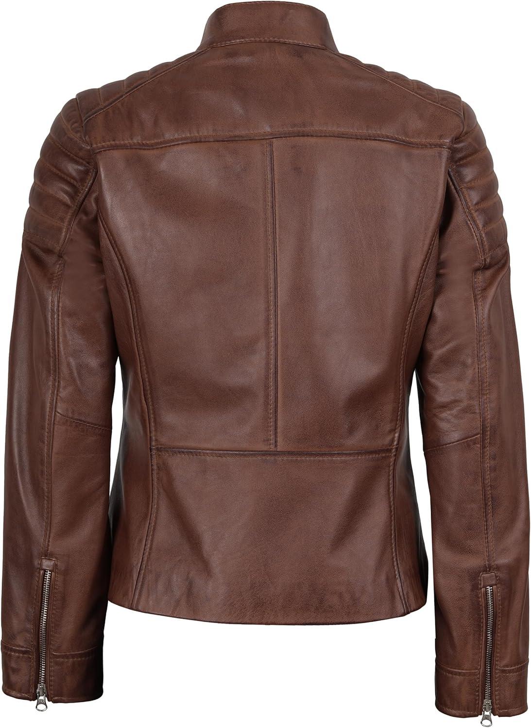 imageDecrum Womens Leather Jacket Real Lambskin Cafe Racer Style Leather Jackets for WomenCarrie Cognac Leather Jacket Women
