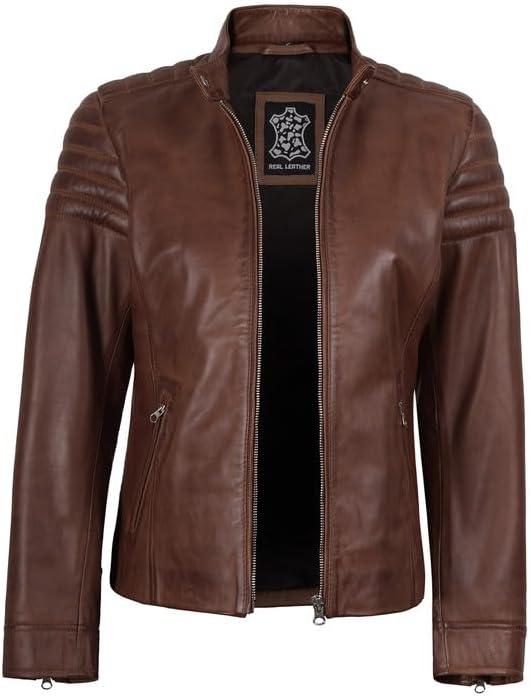 imageDecrum Womens Leather Jacket Real Lambskin Cafe Racer Style Leather Jackets for WomenCarrie Cognac Leather Jacket Women