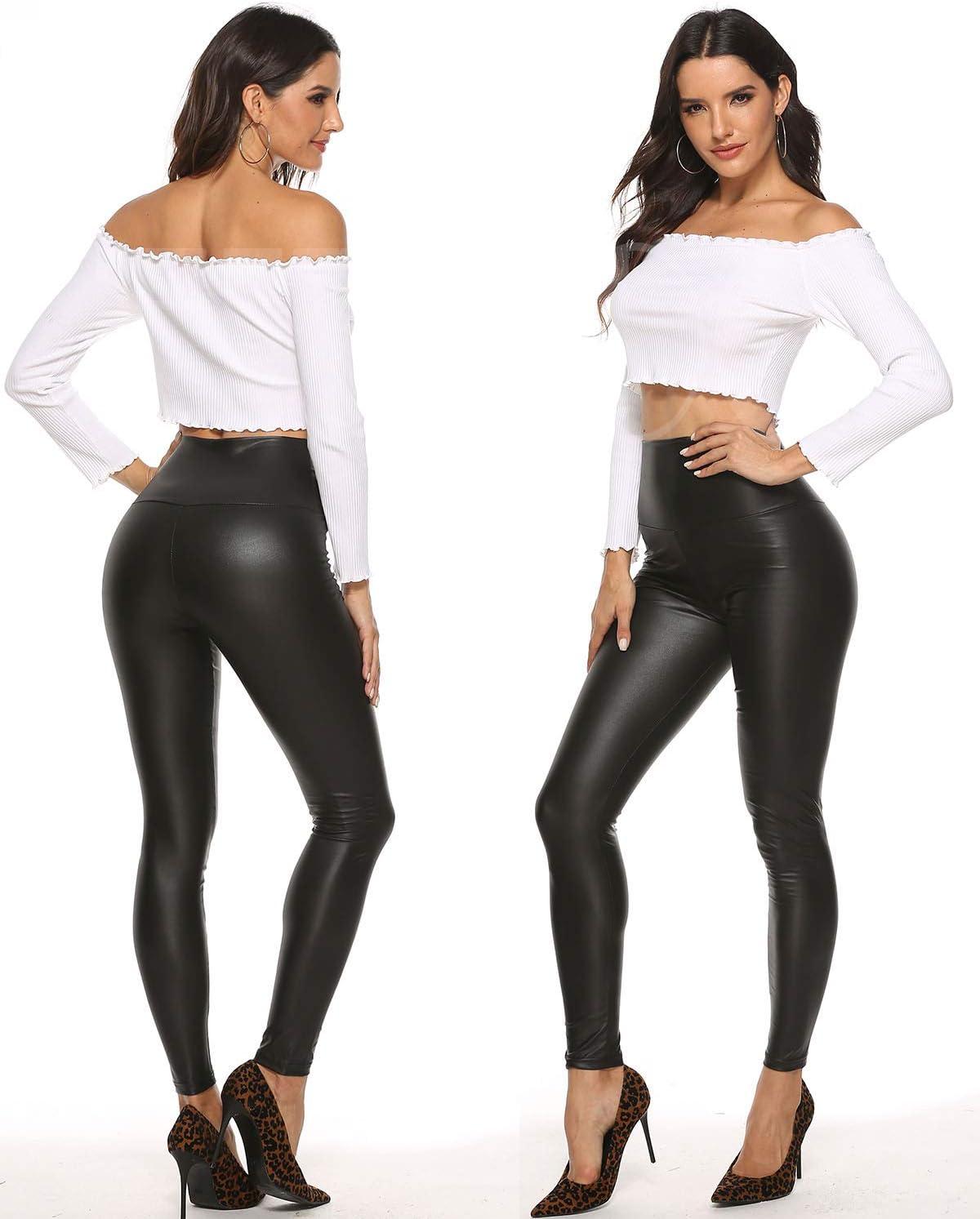 imageFITTOO Womens Faux Leather Leggings Pleather Pants PU Elastic Hip Push Up High WaistedBbasic Black Matte