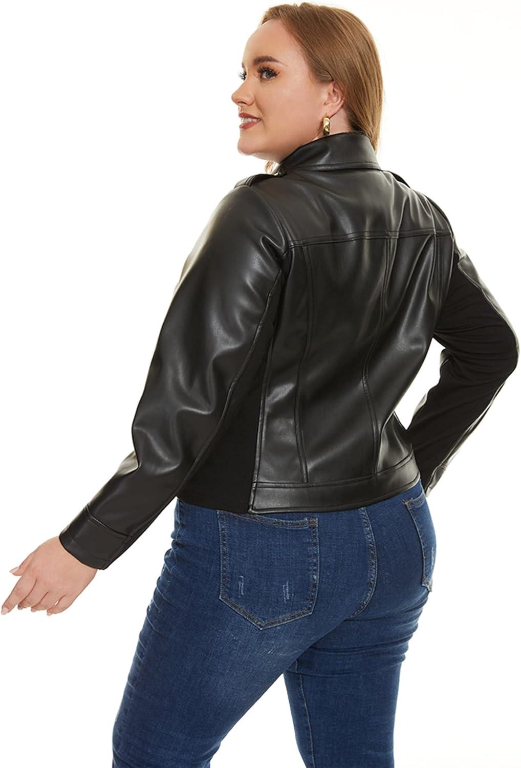imageFahsyee Womens Faux Leather Jackets Zip Up Motorcycle Short PU Moto Biker Outwear Fitted Plus Size CoatBlack