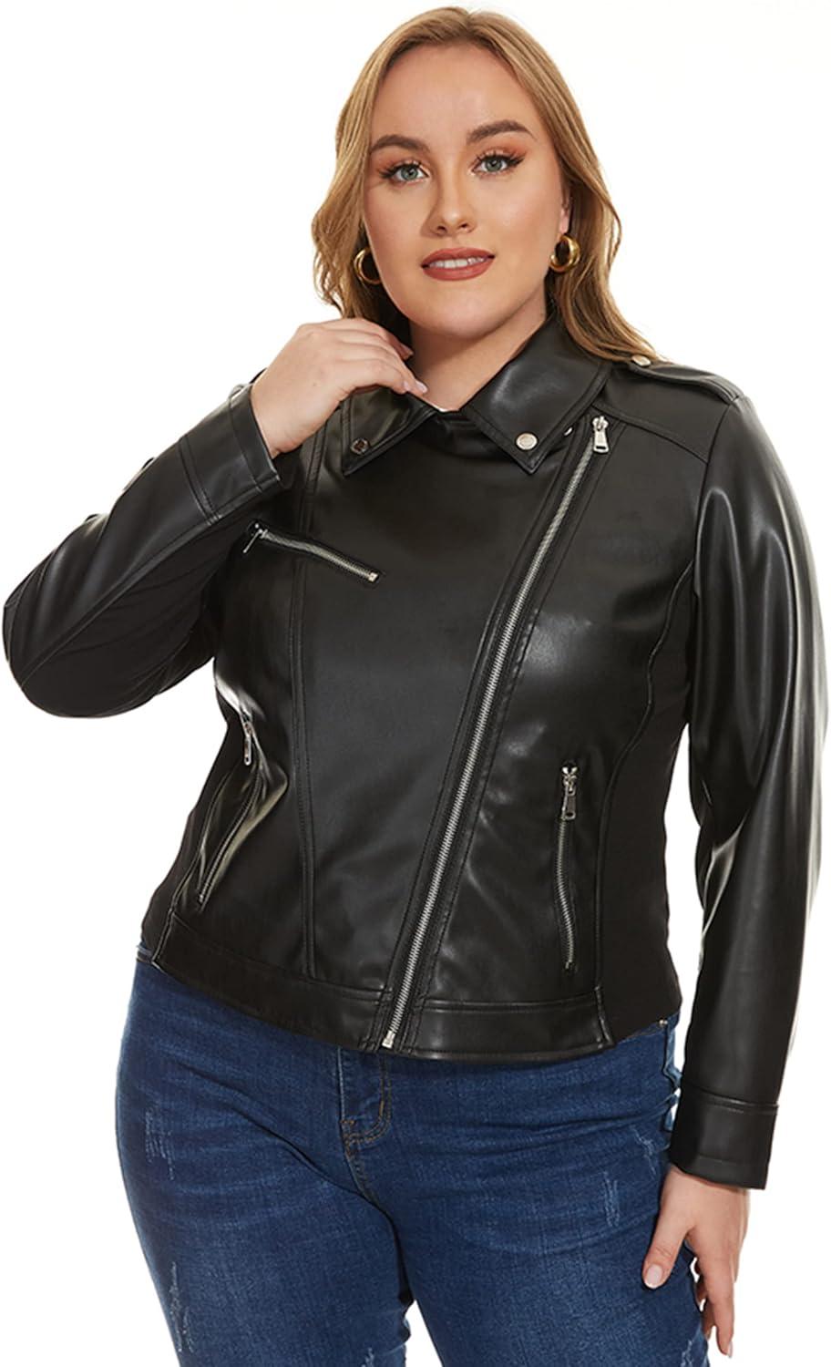 imageFahsyee Womens Faux Leather Jackets Zip Up Motorcycle Short PU Moto Biker Outwear Fitted Plus Size CoatBlack