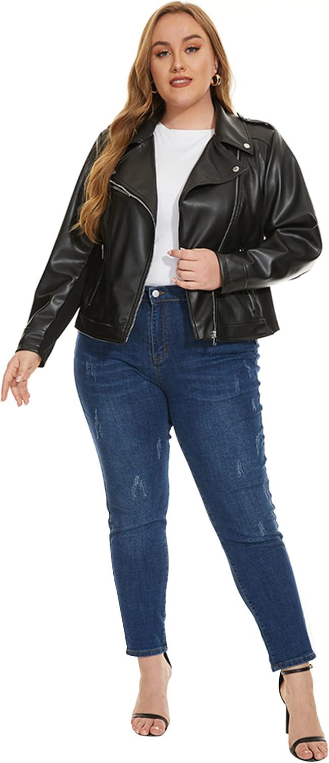 imageFahsyee Womens Faux Leather Jackets Zip Up Motorcycle Short PU Moto Biker Outwear Fitted Plus Size CoatBlack