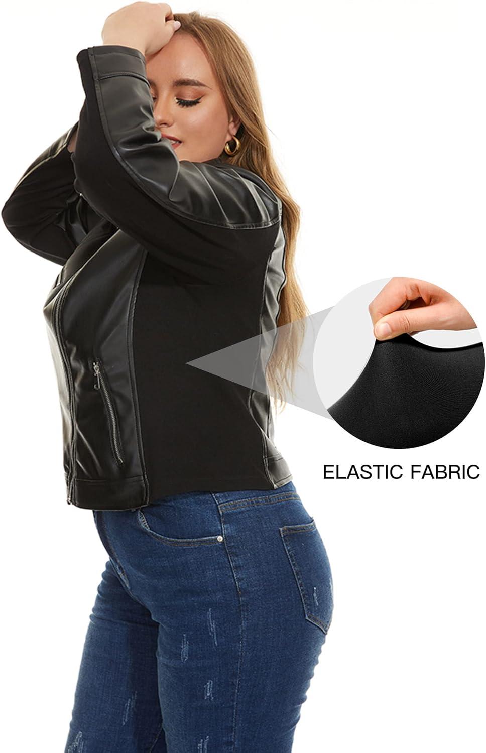 imageFahsyee Womens Faux Leather Jackets Zip Up Motorcycle Short PU Moto Biker Outwear Fitted Plus Size CoatBlack