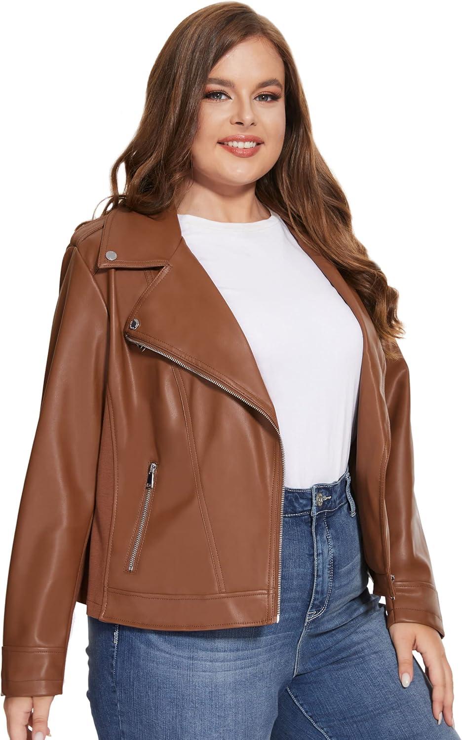 imageFahsyee Womens Faux Leather Jackets Zip Up Motorcycle Short PU Moto Biker Outwear Fitted Plus Size CoatBrown