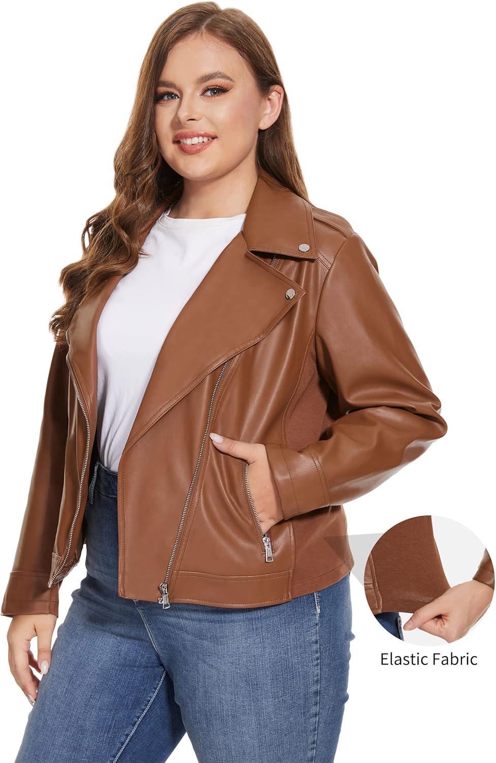 imageFahsyee Womens Faux Leather Jackets Zip Up Motorcycle Short PU Moto Biker Outwear Fitted Plus Size CoatBrown