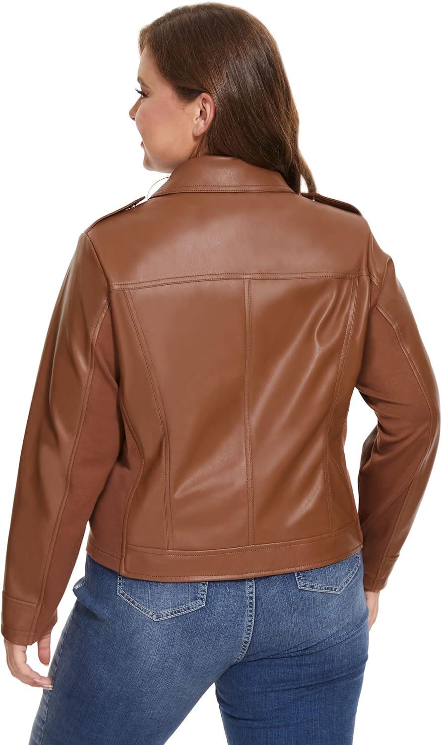 imageFahsyee Womens Faux Leather Jackets Zip Up Motorcycle Short PU Moto Biker Outwear Fitted Plus Size CoatBrown