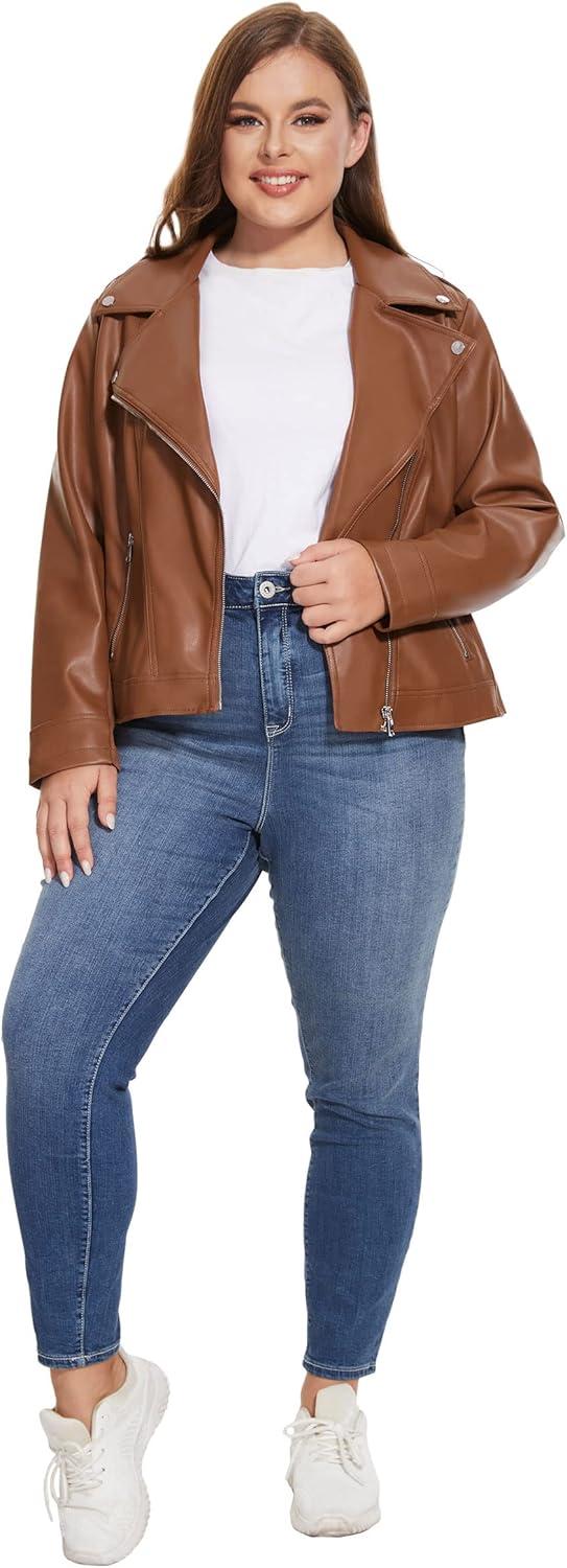 imageFahsyee Womens Faux Leather Jackets Zip Up Motorcycle Short PU Moto Biker Outwear Fitted Plus Size CoatBrown