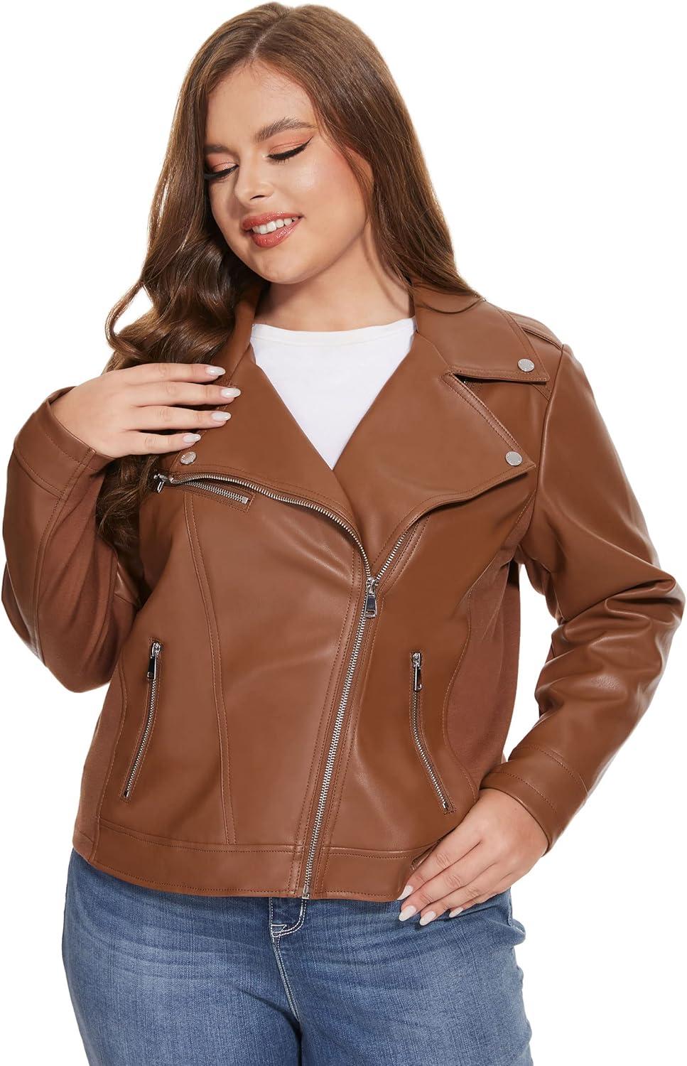 imageFahsyee Womens Faux Leather Jackets Zip Up Motorcycle Short PU Moto Biker Outwear Fitted Plus Size CoatBrown