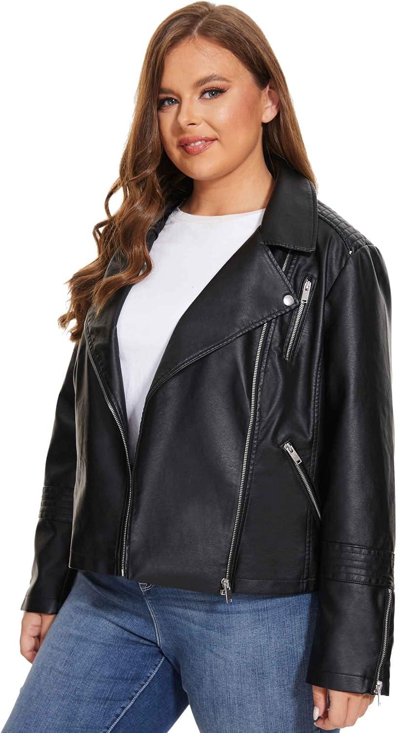 imageFahsyee Womens Faux Leather Jackets Zip Up Motorcycle Short PU Moto Biker Outwear Fitted Plus Size CoatClassic Black