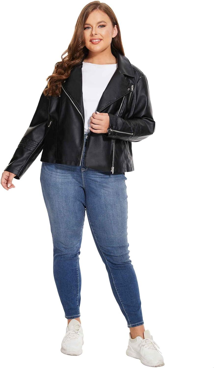 imageFahsyee Womens Faux Leather Jackets Zip Up Motorcycle Short PU Moto Biker Outwear Fitted Plus Size CoatClassic Black