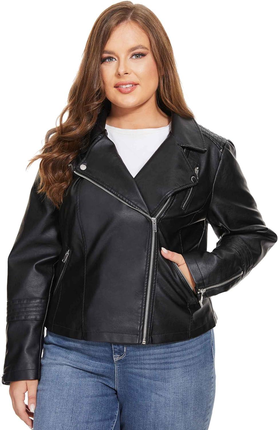 imageFahsyee Womens Faux Leather Jackets Zip Up Motorcycle Short PU Moto Biker Outwear Fitted Plus Size CoatClassic Black