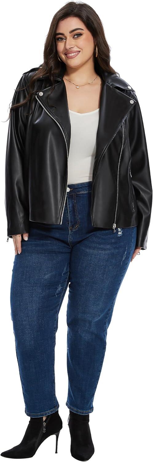 imageFahsyee Womens Faux Leather Jackets Zip Up Motorcycle Short PU Moto Biker Outwear Fitted Plus Size CoatGlossy Black