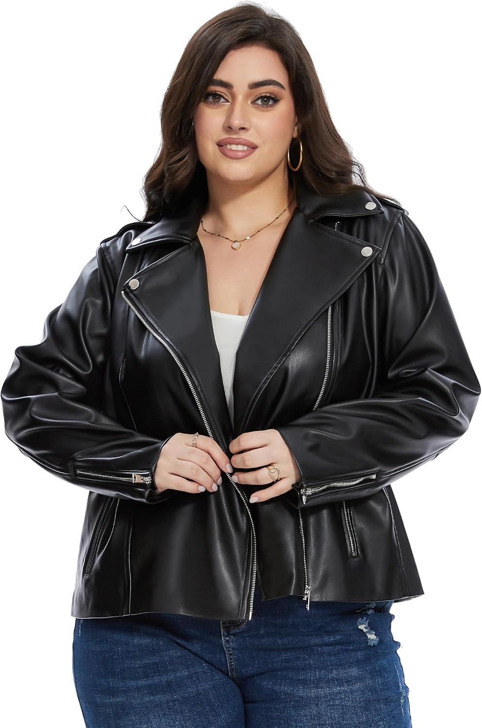 imageFahsyee Womens Faux Leather Jackets Zip Up Motorcycle Short PU Moto Biker Outwear Fitted Plus Size CoatGlossy Black