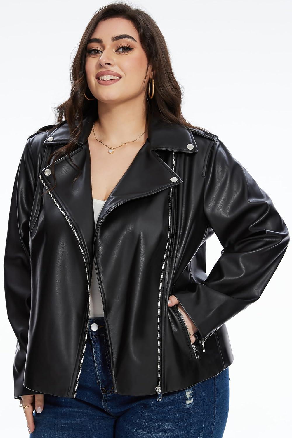 imageFahsyee Womens Faux Leather Jackets Zip Up Motorcycle Short PU Moto Biker Outwear Fitted Plus Size CoatGlossy Black