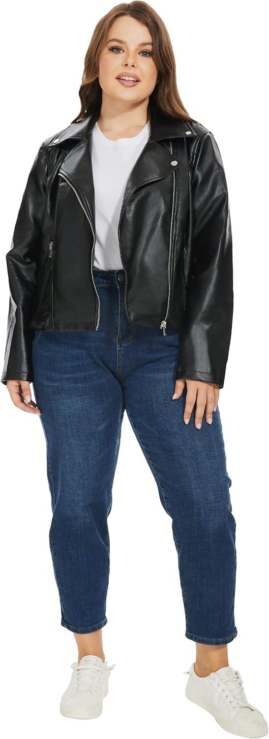imageFahsyee Womens Faux Leather Jackets Zip Up Motorcycle Short PU Moto Biker Outwear Fitted Plus Size CoatJet Black