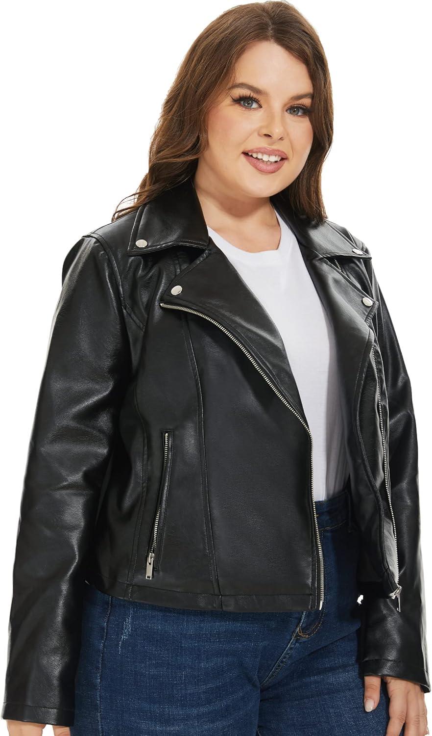 imageFahsyee Womens Faux Leather Jackets Zip Up Motorcycle Short PU Moto Biker Outwear Fitted Plus Size CoatJet Black