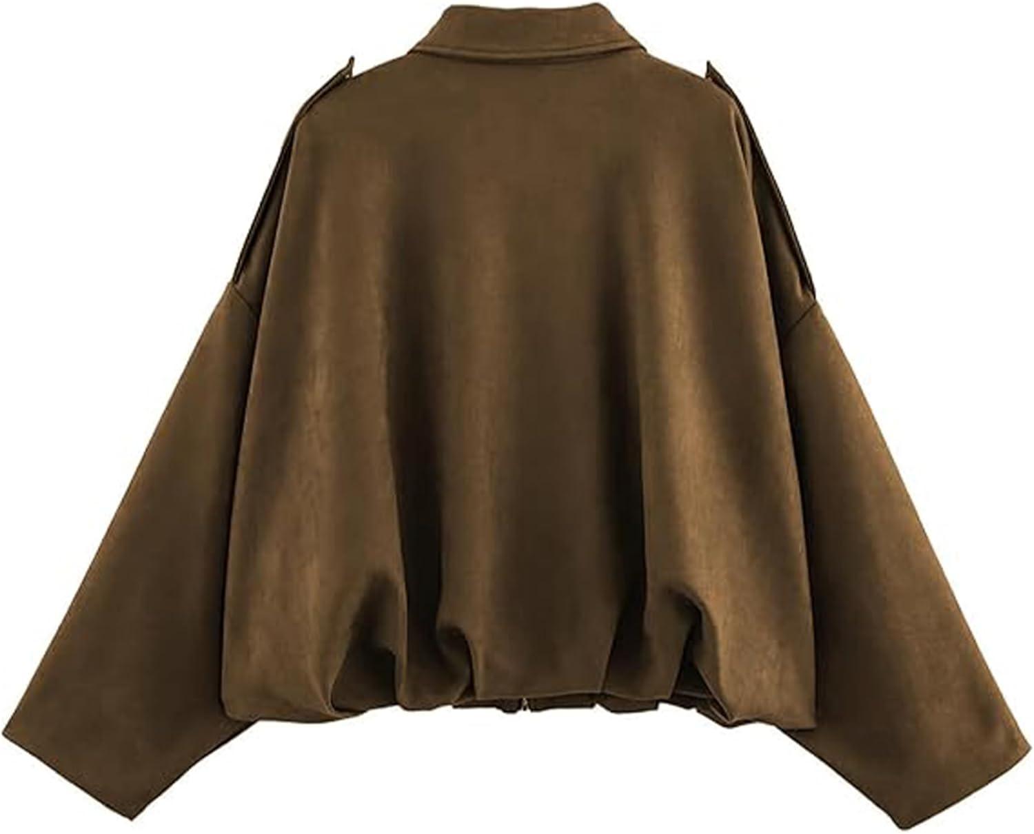 imageFaux Suede Jacket Women Oversized Long Sleeve Zip Up Epaulet Bomber Leather Jackets Oversized Casual CoatMaroon
