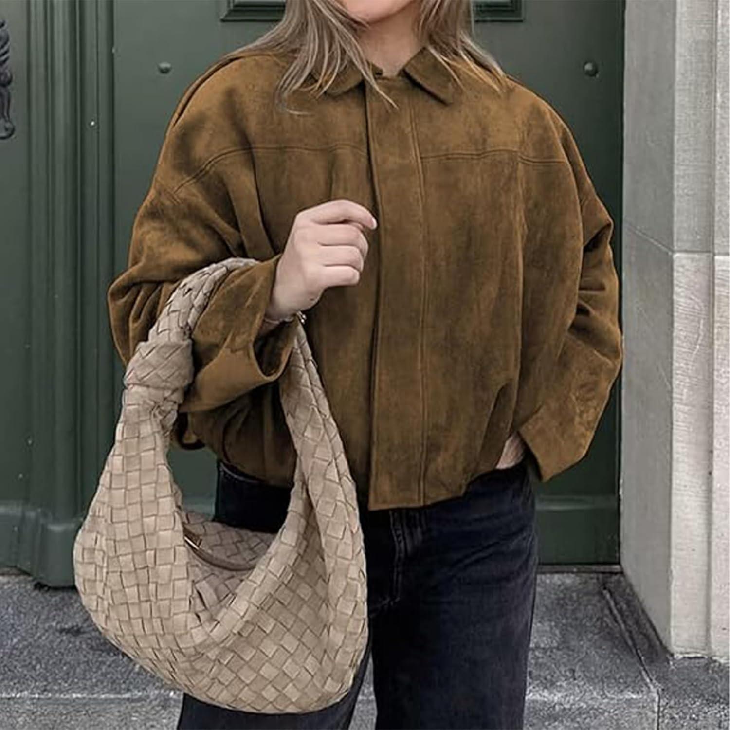 imageFaux Suede Jacket Women Oversized Long Sleeve Zip Up Epaulet Bomber Leather Jackets Oversized Casual CoatMaroon
