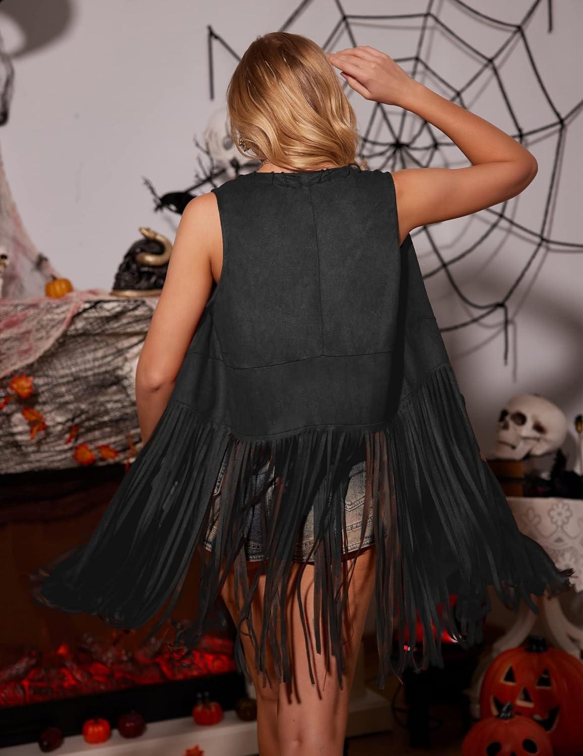 imageHOTOUCH Women Fringe Vest 70s Hippie Faux Suede Sleeveless Tassels Cardigan Cowgirl Western TopsBlack