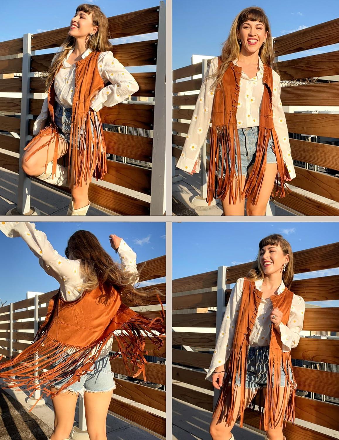 imageHOTOUCH Women Fringe Vest 70s Hippie Faux Suede Sleeveless Tassels Cardigan Cowgirl Western TopsBrown
