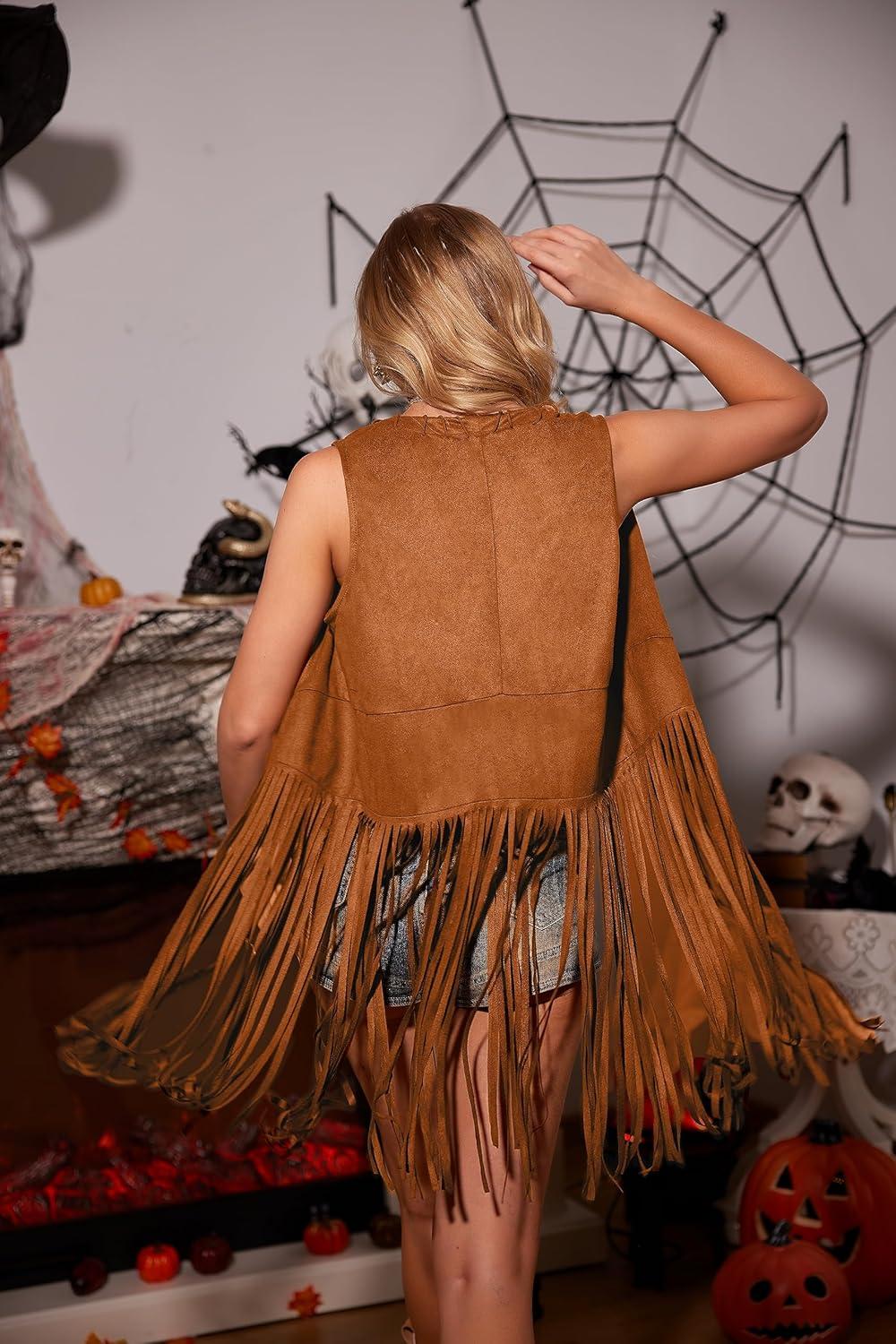 imageHOTOUCH Women Fringe Vest 70s Hippie Faux Suede Sleeveless Tassels Cardigan Cowgirl Western TopsBrown