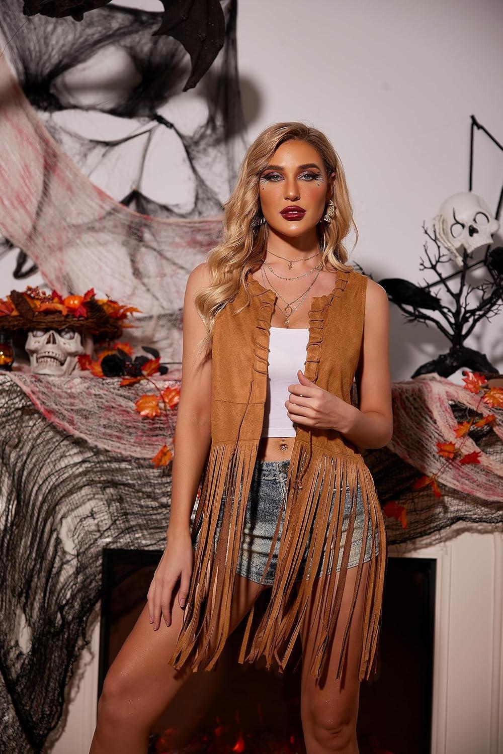 imageHOTOUCH Women Fringe Vest 70s Hippie Faux Suede Sleeveless Tassels Cardigan Cowgirl Western TopsBrown