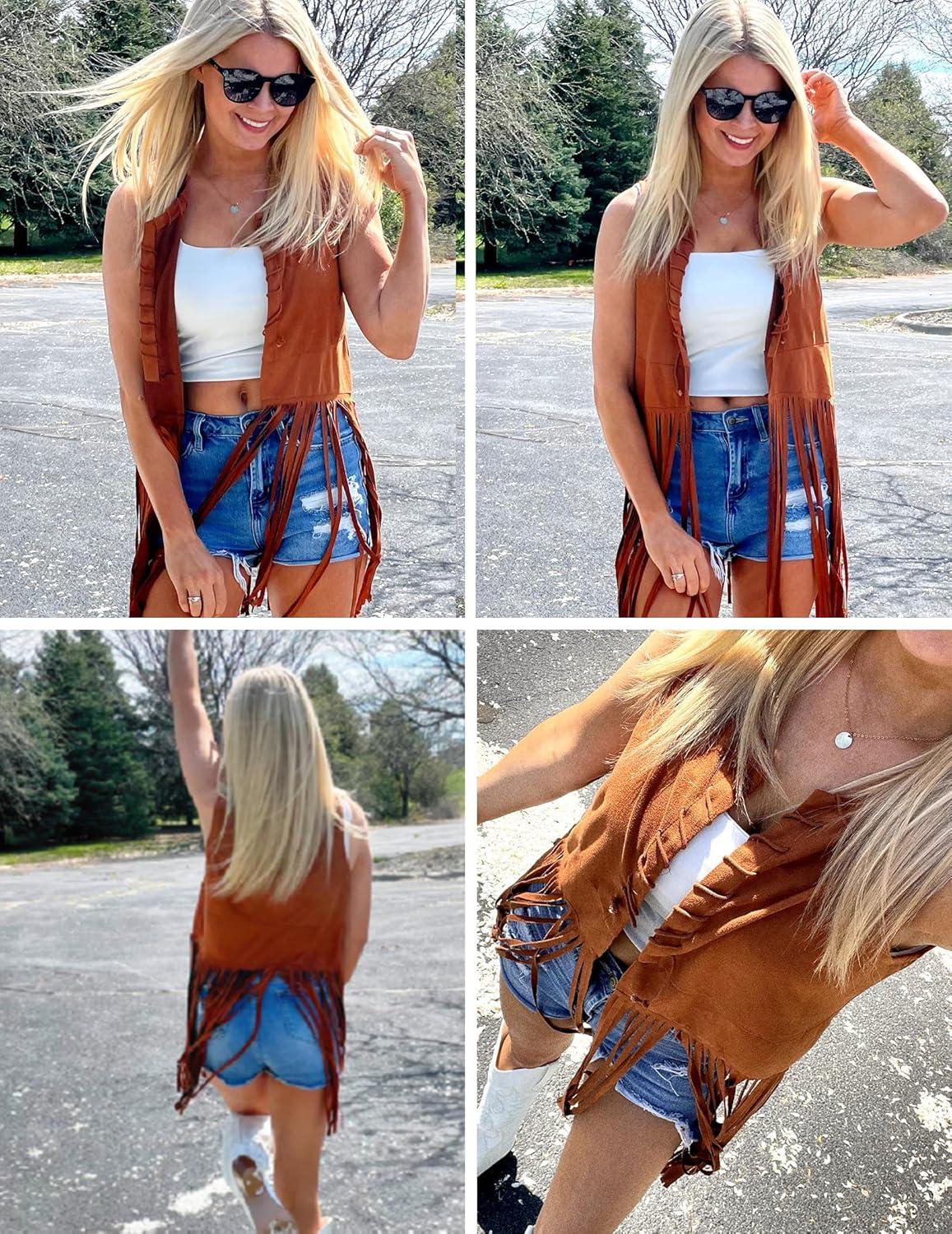 imageHOTOUCH Women Fringe Vest 70s Hippie Faux Suede Sleeveless Tassels Cardigan Cowgirl Western TopsDark Brown
