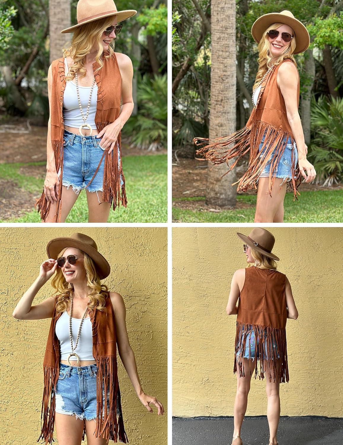 imageHOTOUCH Women Fringe Vest 70s Hippie Faux Suede Sleeveless Tassels Cardigan Cowgirl Western TopsDark Brown