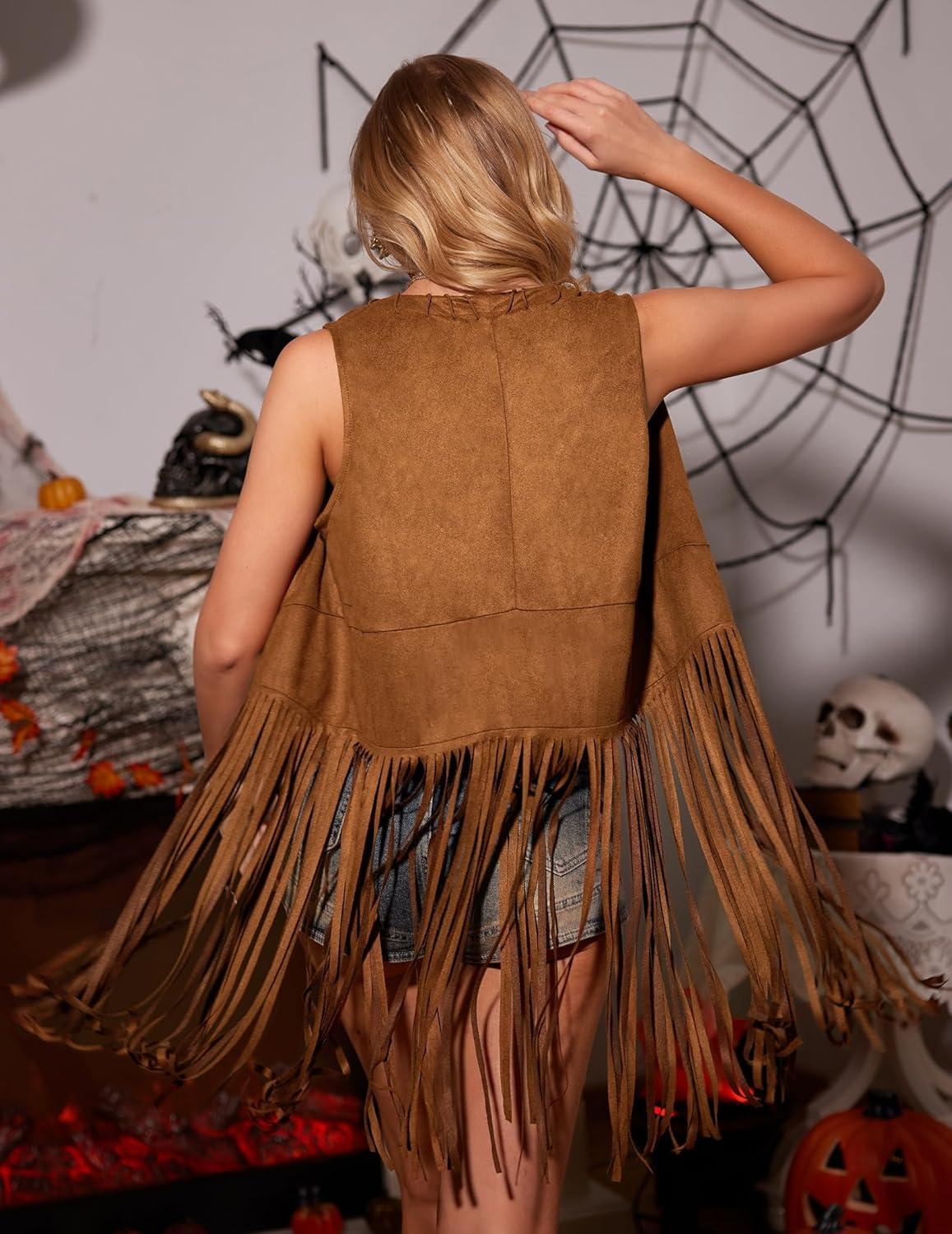 imageHOTOUCH Women Fringe Vest 70s Hippie Faux Suede Sleeveless Tassels Cardigan Cowgirl Western TopsDark Brown