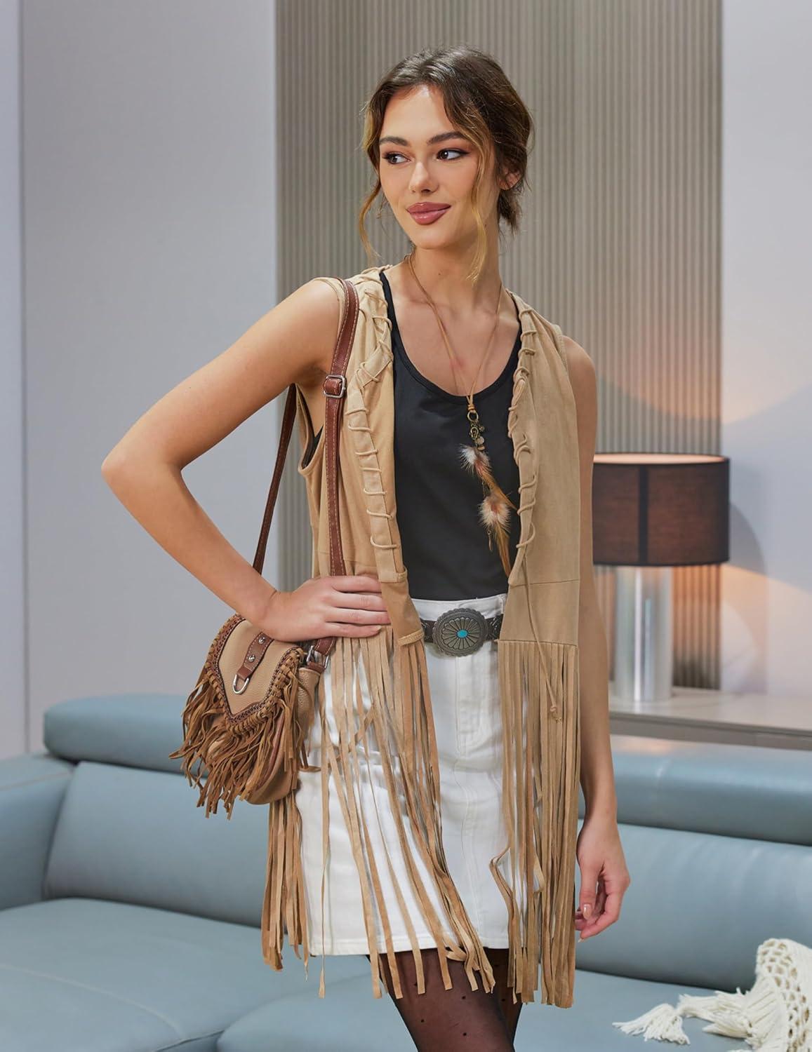 imageHOTOUCH Women Fringe Vest 70s Hippie Faux Suede Sleeveless Tassels Cardigan Cowgirl Western TopsKhaki