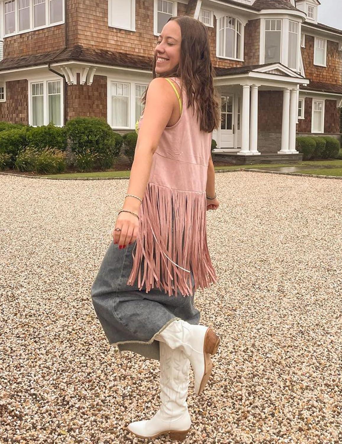 imageHOTOUCH Women Fringe Vest 70s Hippie Faux Suede Sleeveless Tassels Cardigan Cowgirl Western TopsPink