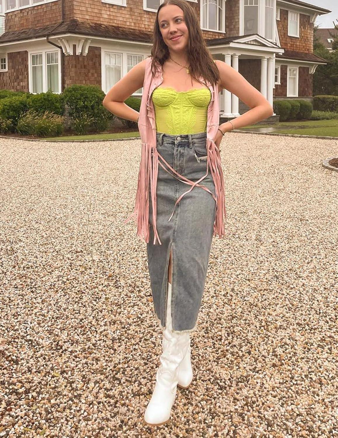 imageHOTOUCH Women Fringe Vest 70s Hippie Faux Suede Sleeveless Tassels Cardigan Cowgirl Western TopsPink