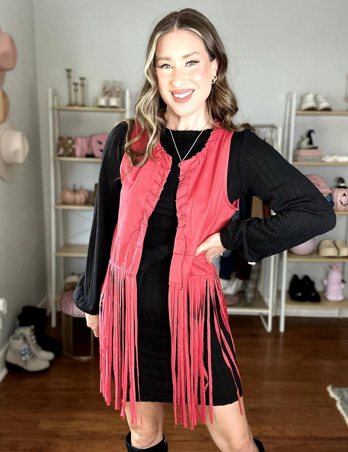 imageHOTOUCH Women Fringe Vest 70s Hippie Faux Suede Sleeveless Tassels Cardigan Cowgirl Western TopsRed