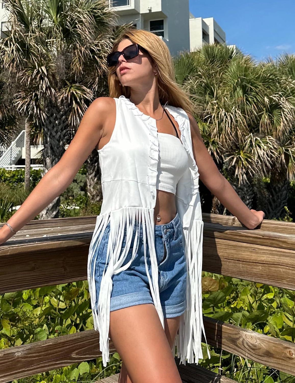 imageHOTOUCH Women Fringe Vest 70s Hippie Faux Suede Sleeveless Tassels Cardigan Cowgirl Western TopsWhite