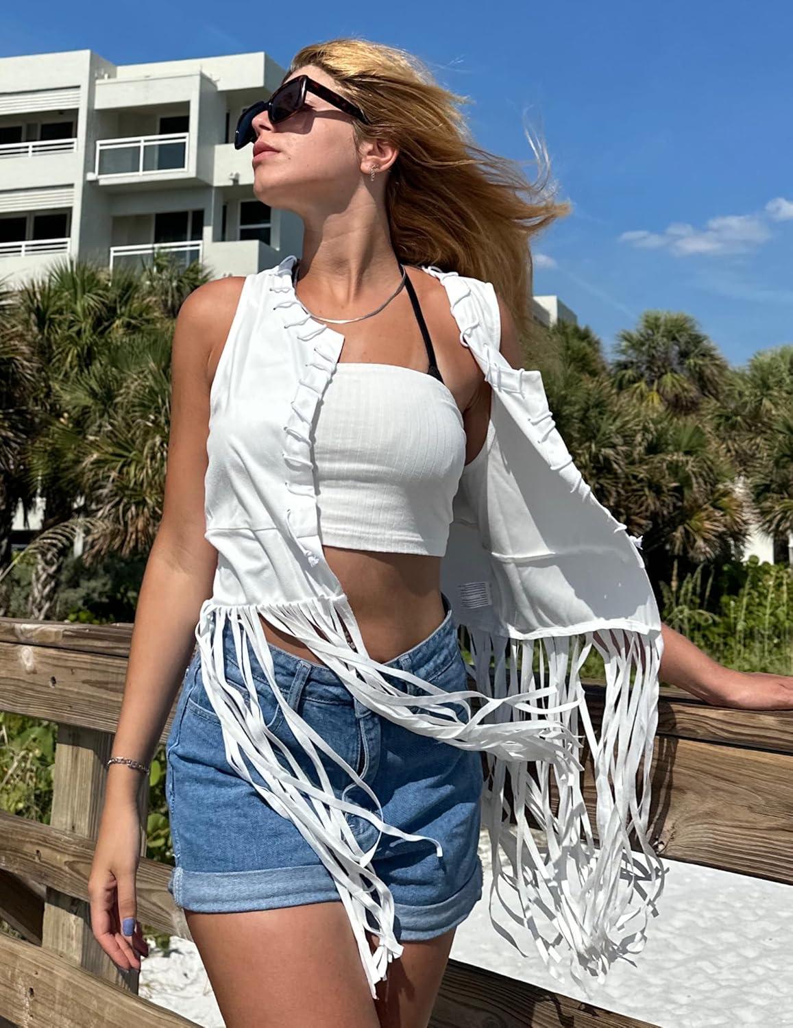 imageHOTOUCH Women Fringe Vest 70s Hippie Faux Suede Sleeveless Tassels Cardigan Cowgirl Western TopsWhite