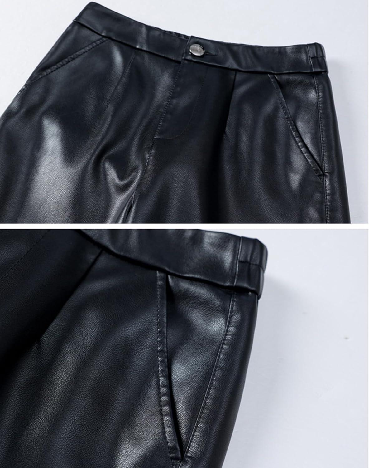 imageHaoMay Womens Faux Leather Pants Straight Wide Leg PU Trousers with PocketsBlack