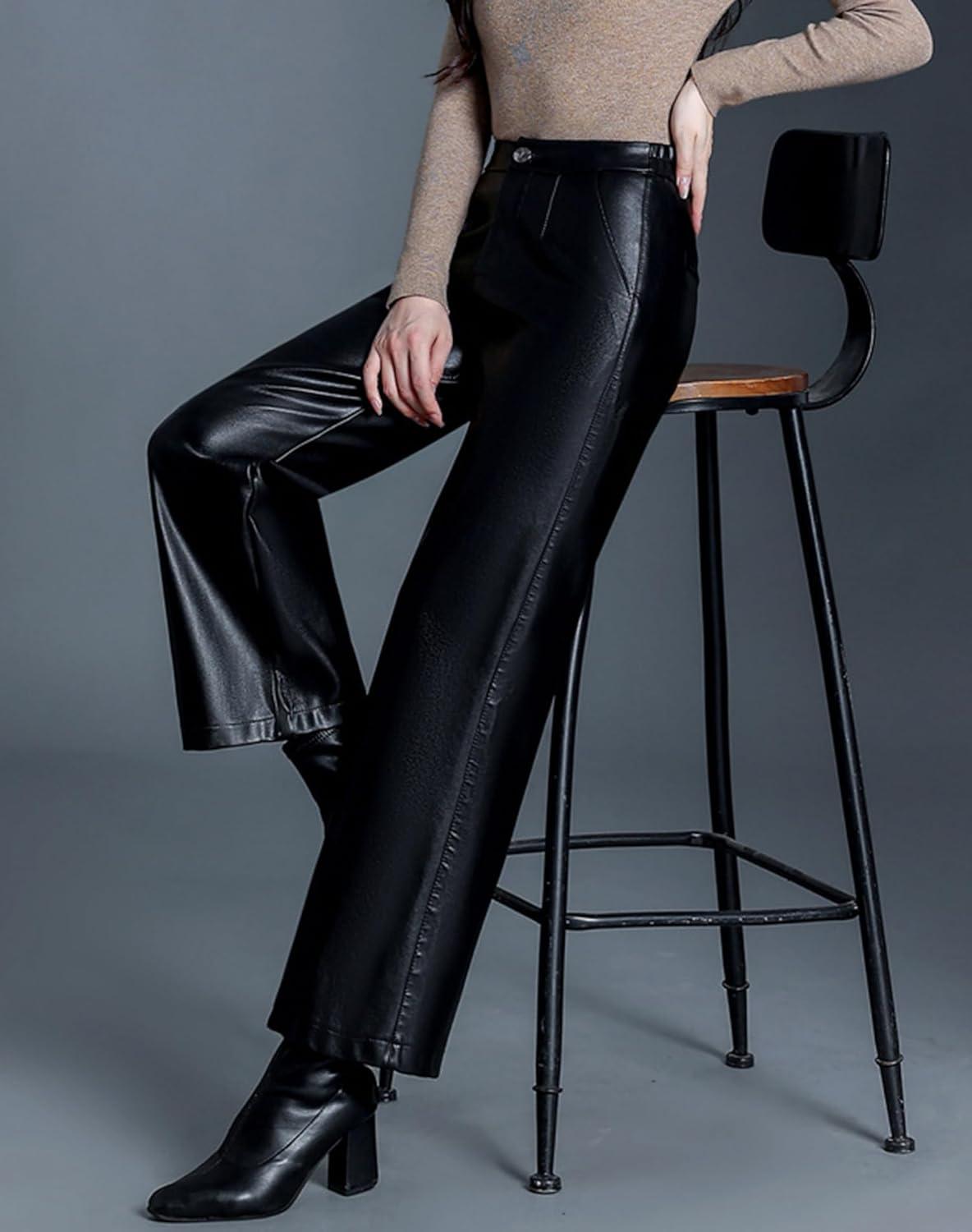 imageHaoMay Womens Faux Leather Pants Straight Wide Leg PU Trousers with PocketsBlack