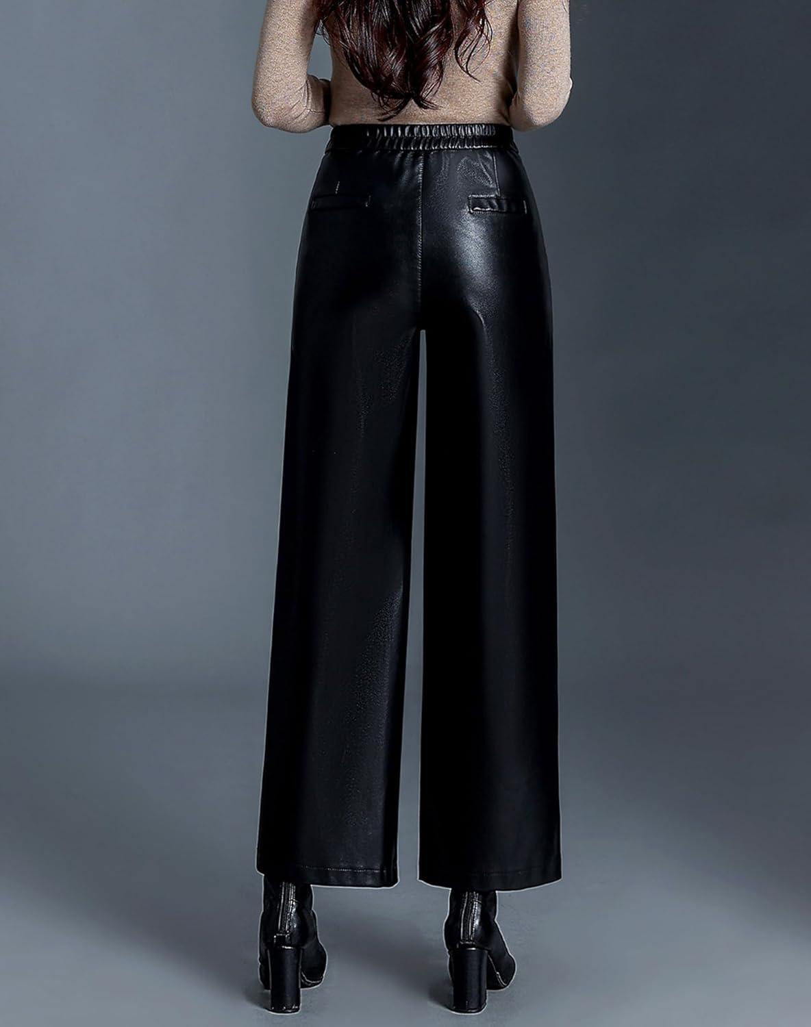 imageHaoMay Womens Faux Leather Pants Straight Wide Leg PU Trousers with PocketsBlack