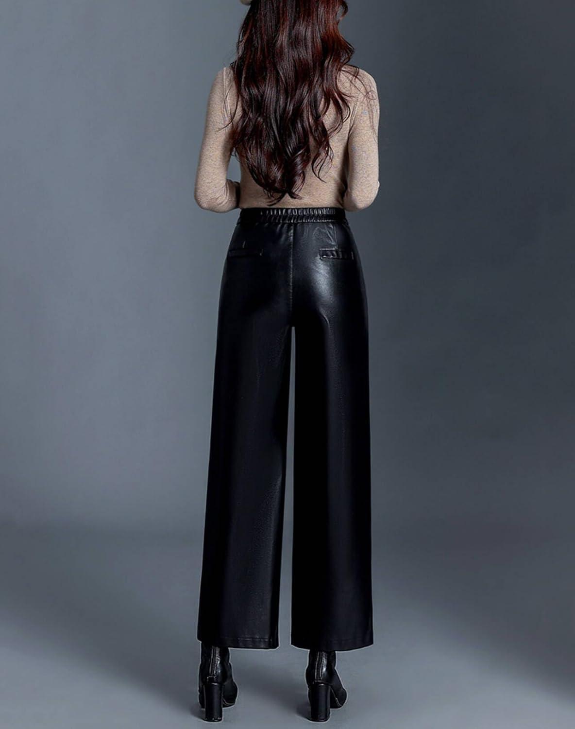 imageHaoMay Womens Faux Leather Pants Straight Wide Leg PU Trousers with PocketsBlack