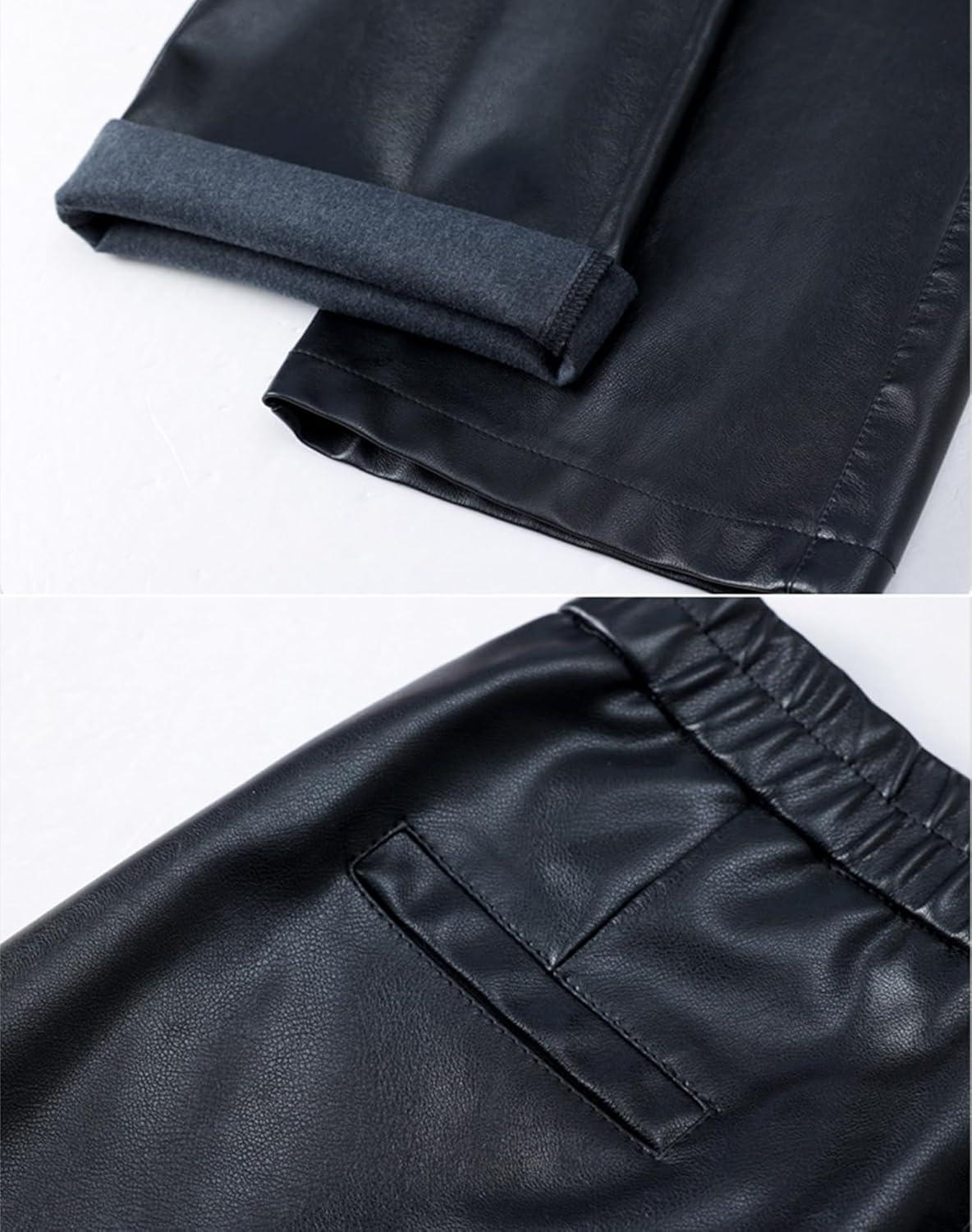 imageHaoMay Womens Faux Leather Pants Straight Wide Leg PU Trousers with PocketsBlack