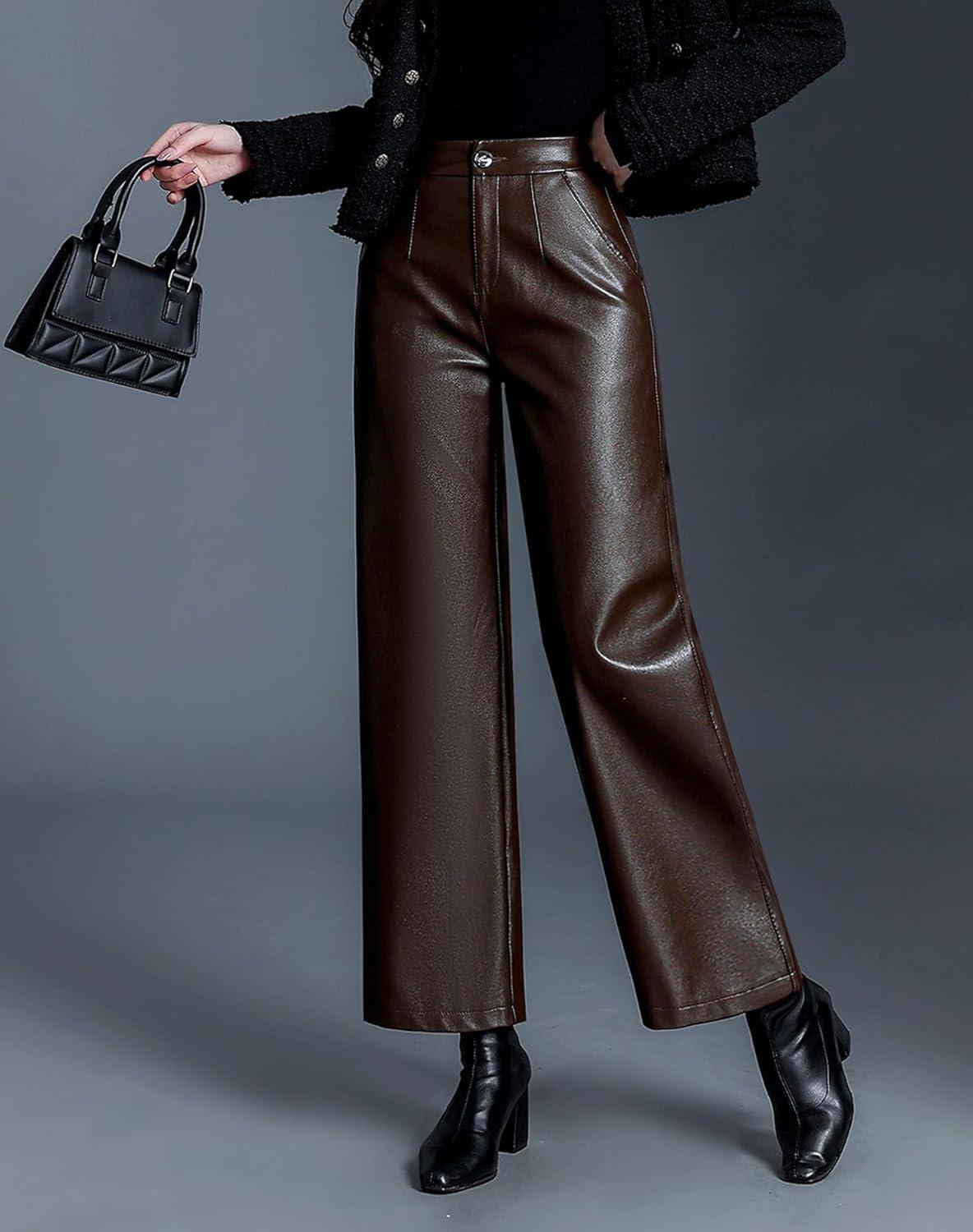 imageHaoMay Womens Faux Leather Pants Straight Wide Leg PU Trousers with PocketsCoffee